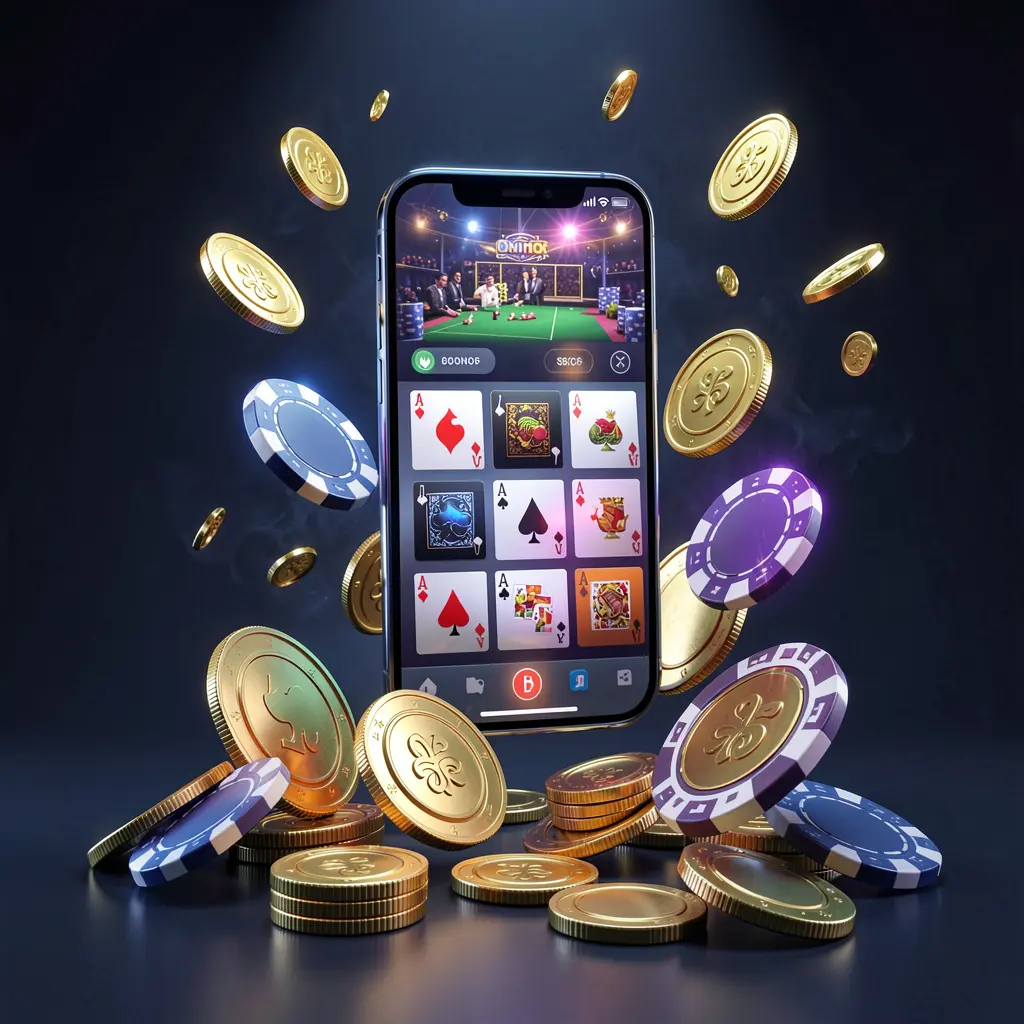 EEEEPH online casino app promotion banner featuring a phone floating above golden coins and poker chips with a dark blue and black background and cinematic neon glow in a realistic 3D render