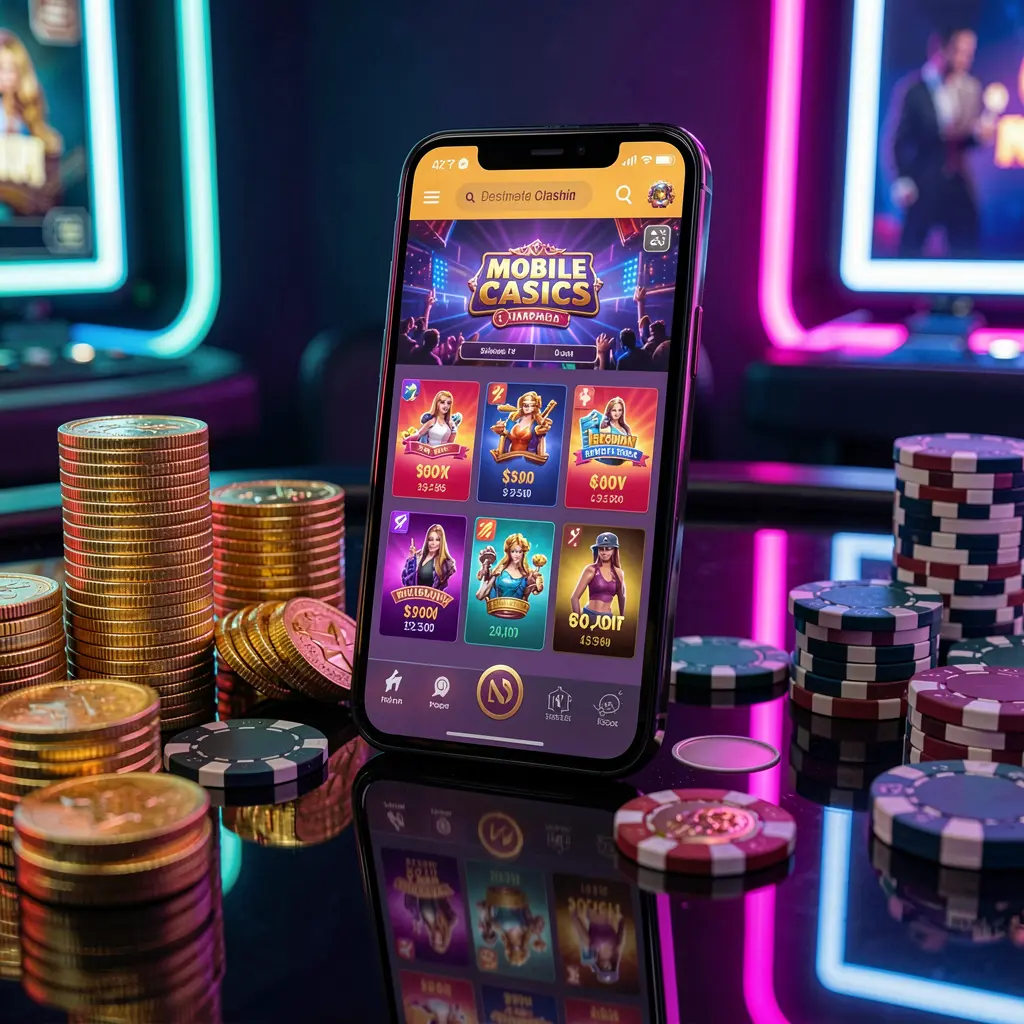 EEEEPH mobile casino dashboard on smartphone with colorful gaming interface, golden coins and poker chips on glossy table under elegant neon lighting