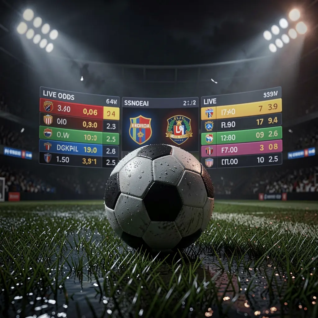 EEEEPH football betting page banner featuring a soccer ball on wet grass under dramatic stadium lights with glowing live odds graphics in a premium dark sports atmosphere