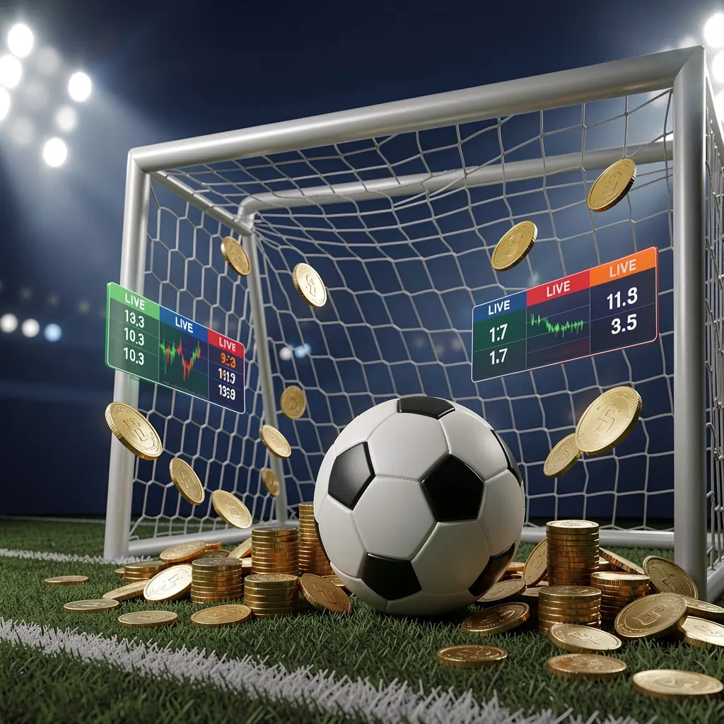 Realistic 3D render of a football goal net with a soccer ball, stadium lights, coins, and floating live score panels on a dark blue premium background, representing EEEEPh sports betting