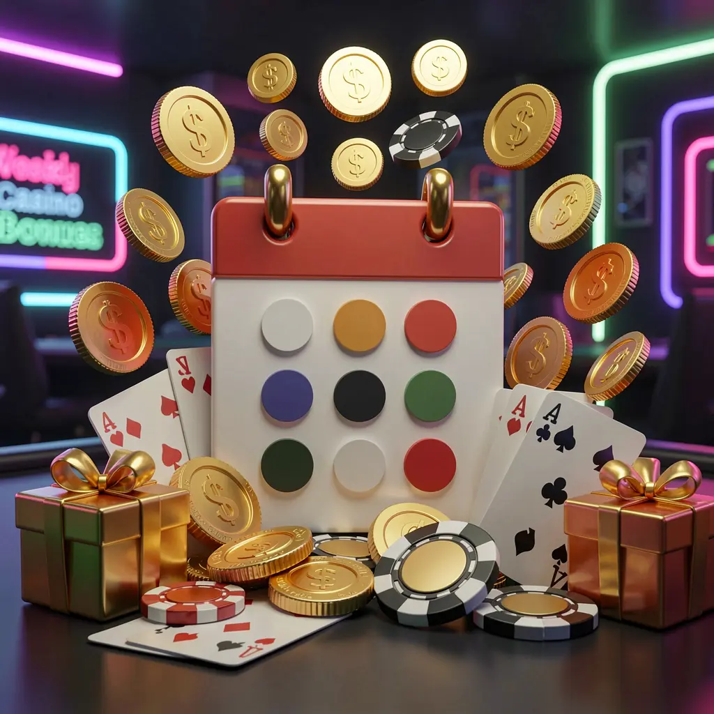 EEEEPH weekly online casino bonus concept featuring a calendar icon surrounded by golden coins, gift boxes, poker chips, and playing cards in a festive casino atmosphere with neon lights on a dark modern background