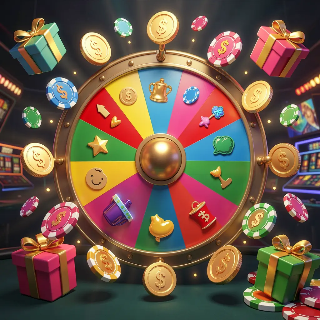 EEEEPH online casino bonus wheel with colorful prize wheel surrounded by golden coins, chips, and gift boxes, glowing casino lights creating an exciting jackpot atmosphere on a dark background
