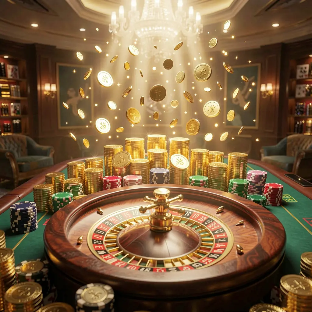 Realistic 3D render of a casino jackpot scene featuring golden coins, poker chips, and a roulette wheel with bright glowing lights creating a luxury celebration atmosphere, showcasing the EEEEPh brand.