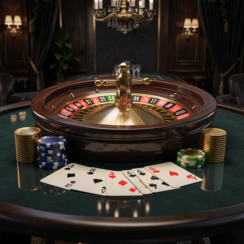Realistic 3D illustration of a modern online casino scene featuring a roulette wheel, playing cards, poker chips, and golden coins on a glossy table with a dark luxury background, showcasing EEEEPh's immersive gaming experience