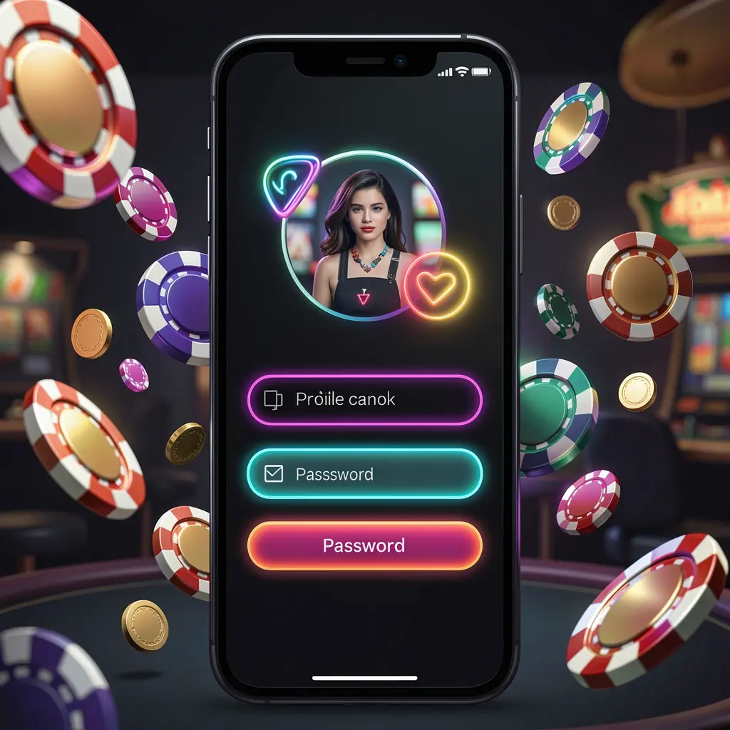 EEEEPH mobile casino login screen on a phone with abstract UI shapes for user profile and password fields, neon glow effects, chips and coins flying around in a dark premium casino atmosphere