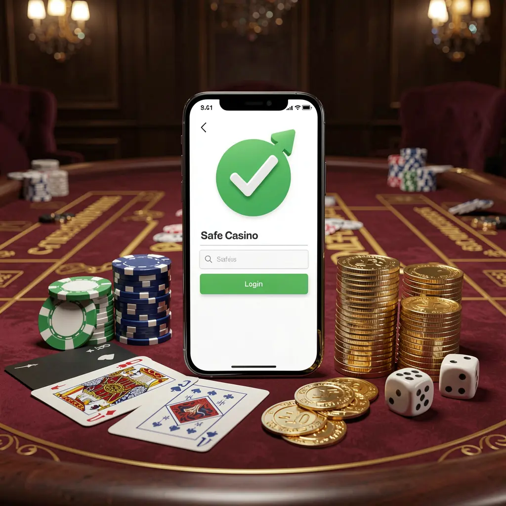 EEEEPH safe casino login concept showing a smartphone with a verification checkmark icon surrounded by chips, cards, dice, and golden coins on an elegant luxury casino table in a 3D realistic render