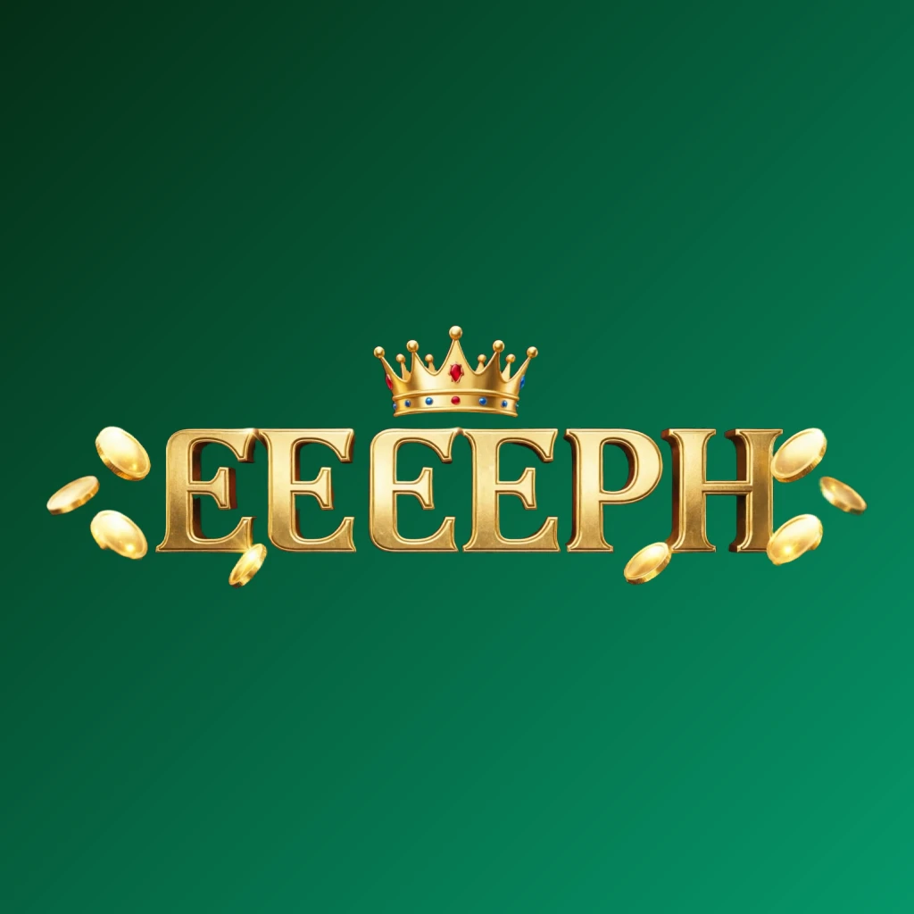 EEEEPH casino-style logo with golden letters and a crown element, sparkling coins surrounding the text, set in a luxury gaming atmosphere with a transparent background, designed as a horizontal rectangular wordmark for website header
