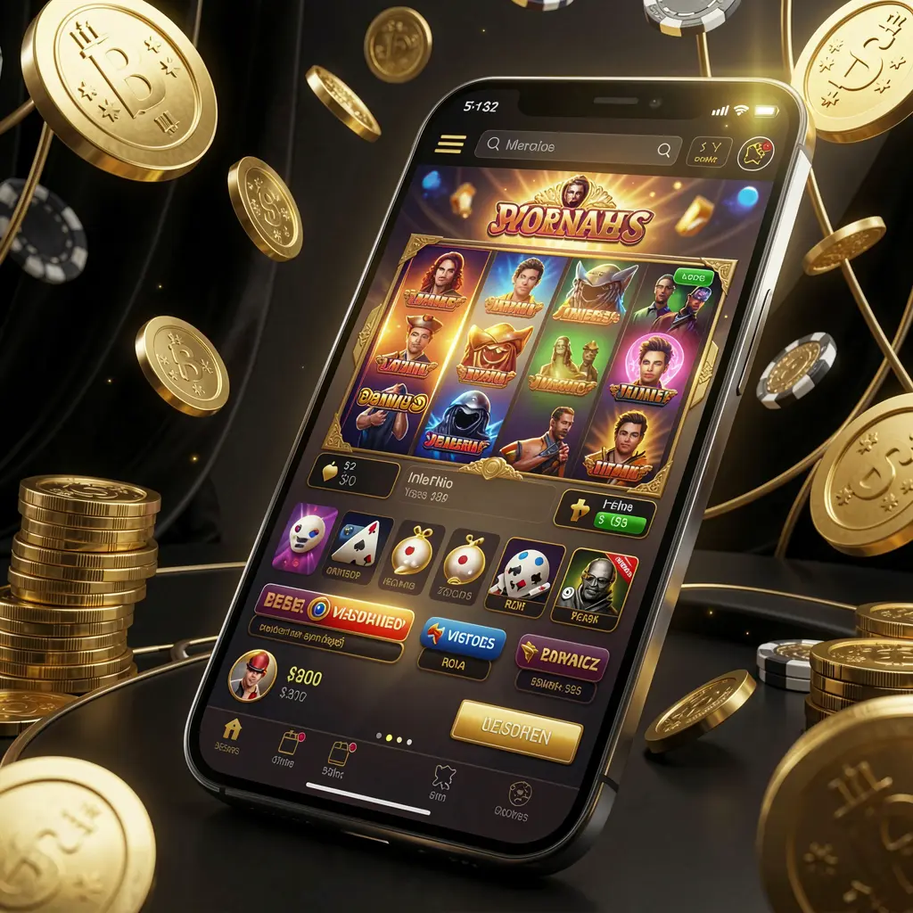 EEEEPH modern online casino main page visual featuring a smartphone with a glowing gaming interface, surrounded by flying coins and chips in a black and gold luxury atmosphere